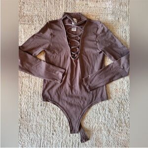 Long Sleeve Ribbed Bodysuit with Lace-Up Front